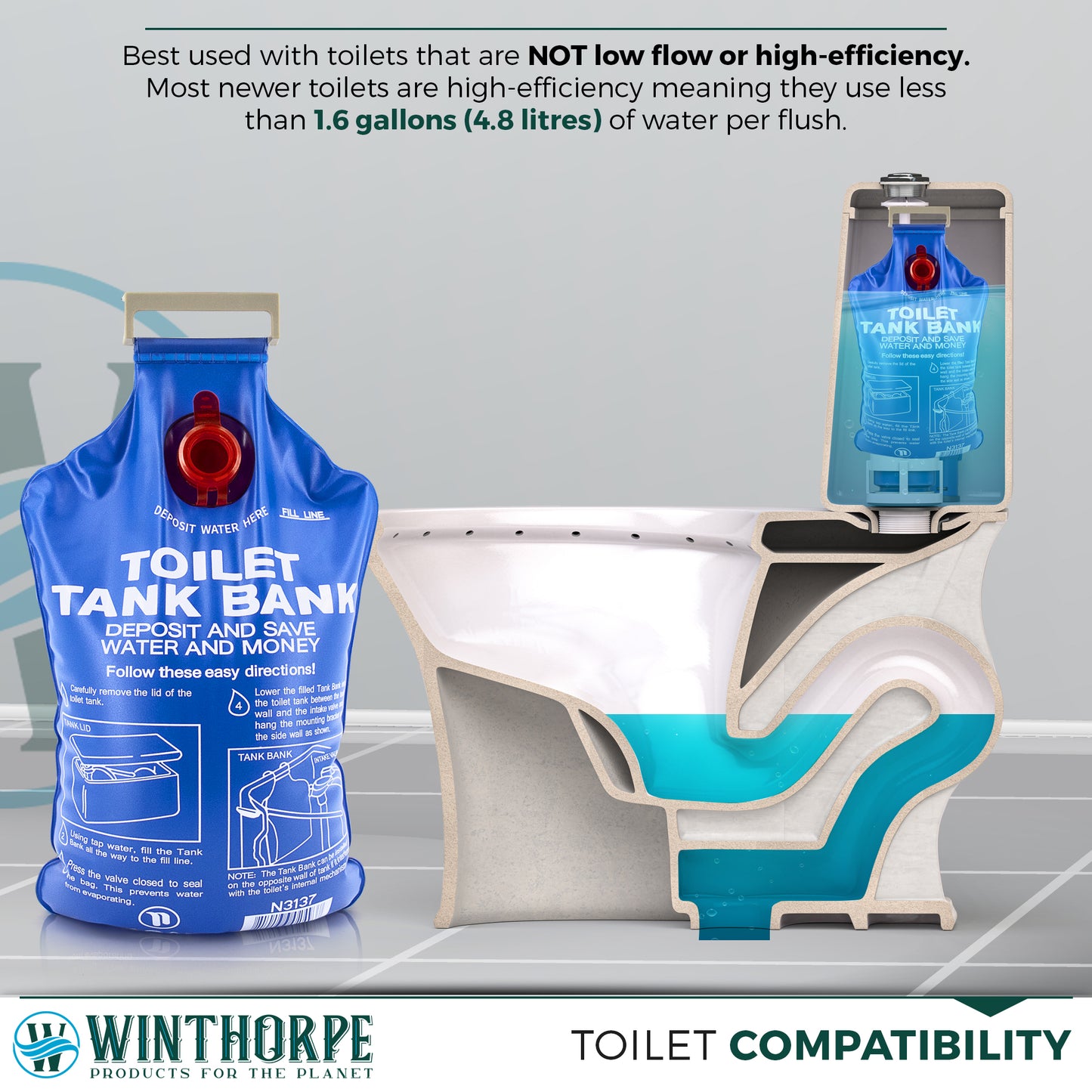 Toilet Tank Bank Water Saving Device - Reduce Flush Volume (3-Pack)